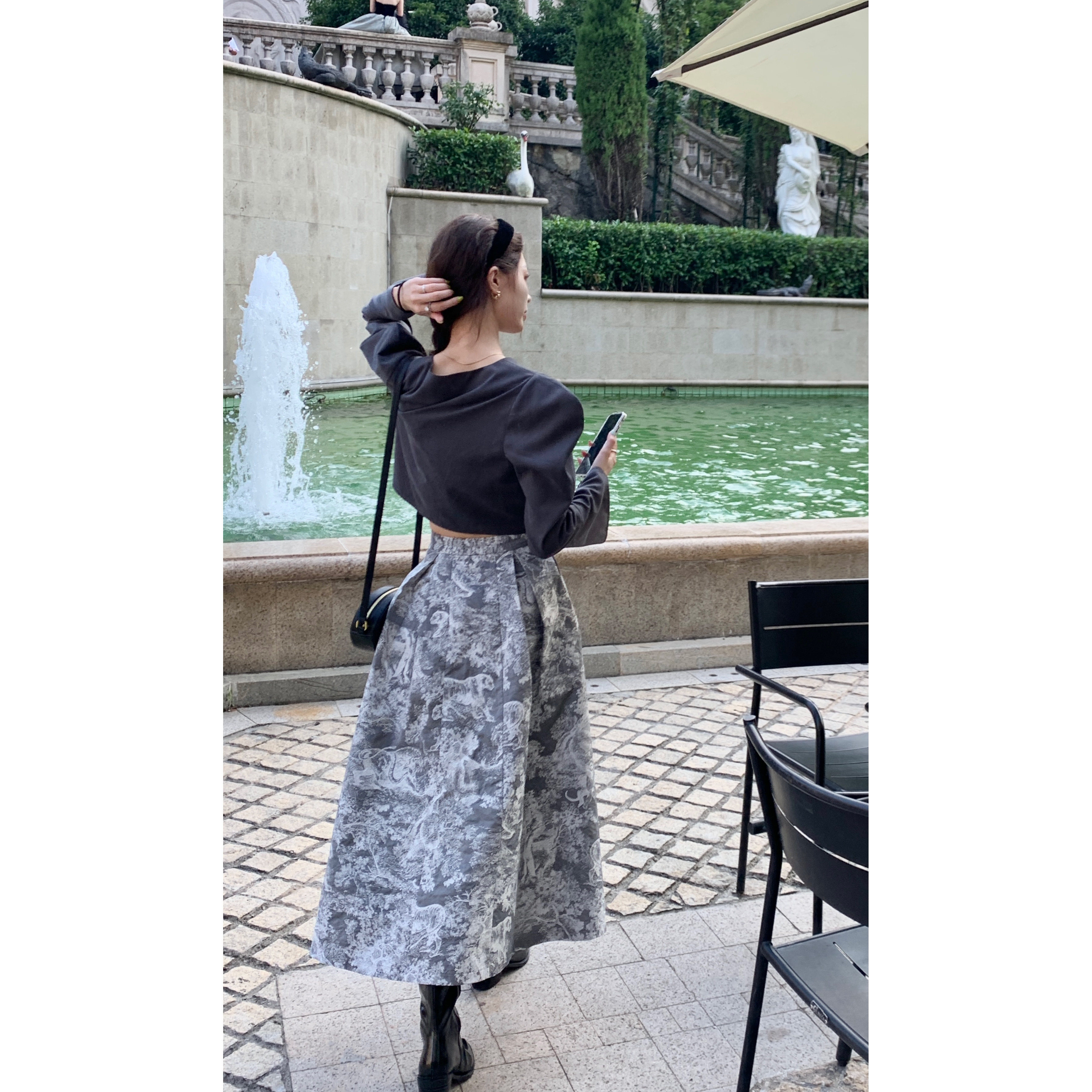 sourcewithu 贝克街221号 中古风雾灰色华丽印花a字半身裙伞裙