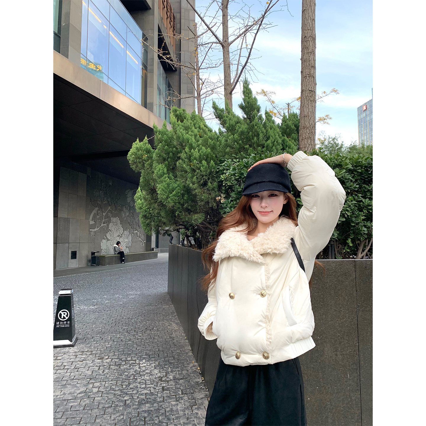 SourceWithU双排金扣毛领羽绒服