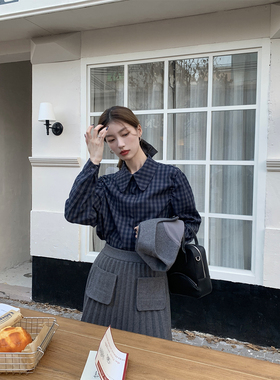 SourceWithU 蝴蝶领色织高级气质衬衫内搭翻领复古格子长袖上衣女