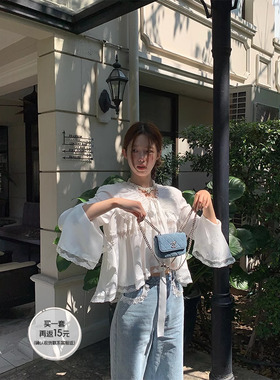 SourceWithU 首尔之春 韩系清透蕾丝拼接微透衬衫上衣花边牛仔裤