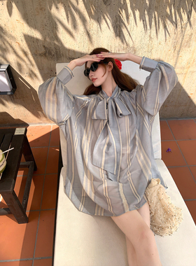 SourceWithU 莫奈花园 无蕾丝版蓝色条纹系带衬衫裙设计感连衣裙