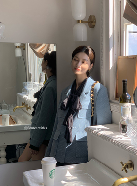 SourceWithYou 瓦尔登湖畔 高级感西装雾蓝色小香风外套女上衣