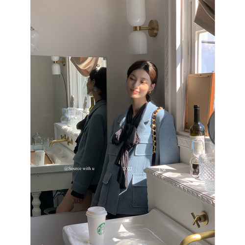 SourceWithYou 瓦尔登湖畔 高级感西装雾蓝色小香风外套女上衣