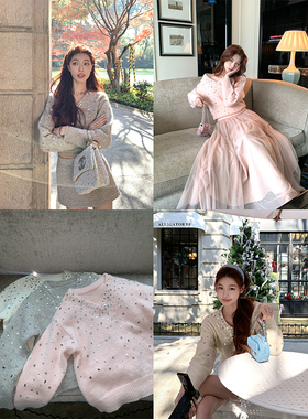 SourceWithU 闪光少女 3色亮片琉忻混柔纱羊毛毛衣秋冬V领针织衫