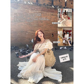 SourceWithU清迈假日 温柔套装 一字肩毛边上衣半裙宫廷袖 上衣法式