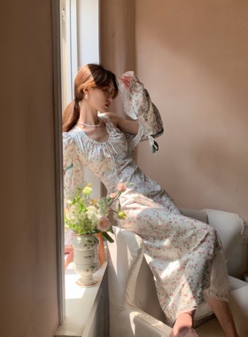 SourceWithU  小芳汀 南法风碎花吊带连衣裙公主袖撞色坎肩长裙夏