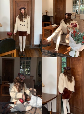 SourceWithU 牛角扣气质短款外套圈圈毛厚实单面大衣