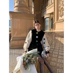 SourceWithU 复古定制纽扣丝绒马甲高级感小众黑色棉服 挚爱中古