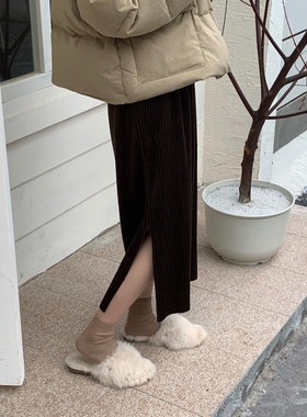 SourceWithU 万搭咖棕坑条丝绒裙复古直筒设计感开叉半身裙