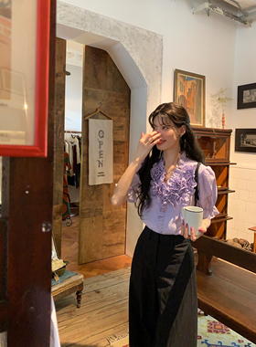 SourceWithU月下繁花 紫色泡泡袖法式短袖衬衫女设计感小众上衣