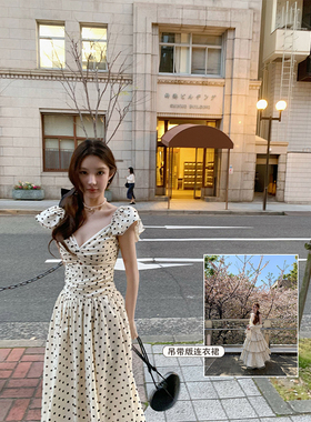 SourceWithU朴敏英同款浅春系收腰v领吊带连衣裙小飞袖蛋糕长裙女