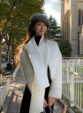 SourceWithU 英式蛋白霜 自带围巾短款菱格泡芙轻薄羽绒服女外套