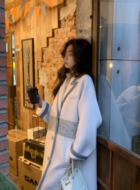 SourceWithU想和你看海 原创花灰色拼接长款单面羊毛呢大衣女外套