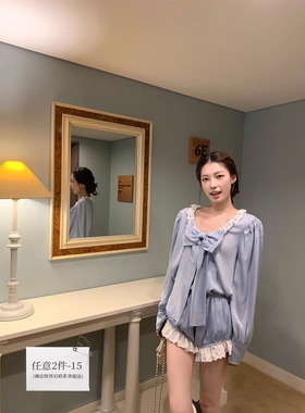SourceWithU 蓝色芭蕾 仿醋酸2色doll感蝴蝶结肌理衬衫灯笼短裤女