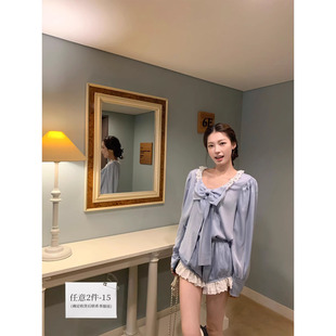 灯笼短裤 仿醋酸2色doll感蝴蝶结肌理衬衫 女 蓝色芭蕾 SourceWithU