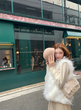 SourceWithU 雪夜微风 100进口驼鸟毛温柔气质正肩马甲毛茸茸皮草