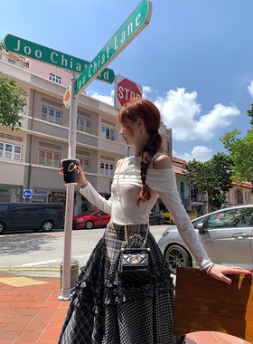 SourceWithU【人生格子裙】南洋冰茶重工拼接花边格纹半裙露肩tee