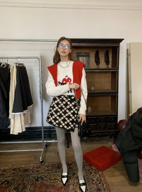 SourceWithU 早春藤校 短绒美式复古刺绣毛衣圆领印花短款上衣女