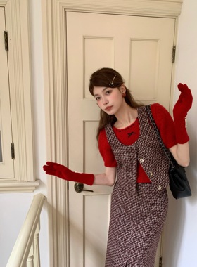 SourceWithU 真爱至上 复古赤霞珠含羊毛精致粗花呢马甲半裙套装