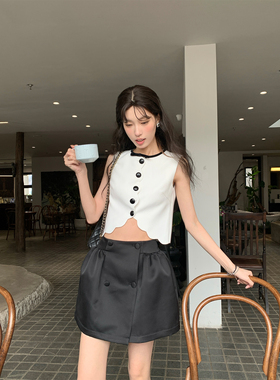 SourceWithU 西西莉亚 贵气波浪小香风气质白色无袖背心/短袖上衣