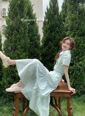 SourceWithU 人间夏日 薄荷色欧尼撞色显白上衣波浪长款半身裙女