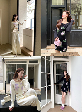 SourceWithU 杜乐丽花园 2色刺绣连帽针织衫开衫半裙短裤韩版套装