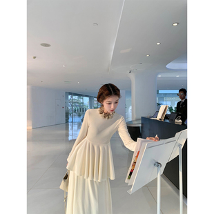 SourceWithU小步舞曲 小韩进口白丝绒收腰内搭上衣设计感双层半裙