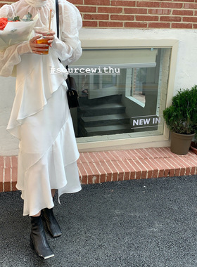 Source With U 白色丝缎不规则吊带裙夏气质仙女chic荷叶边连衣裙