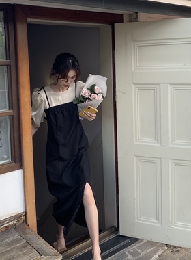 SourceWithU 改良民国风無敵显高显瘦侧开叉蝴蝶结系带背带吊带裙