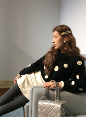 SourceWithU 晚秋巴黎 羊毛3色立体波点毛衣复古灯笼袖套头针织衫