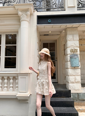 SourceWithU 小茉莉 温柔贵气全幅蕾丝打褶提花无袖连衣裙背心裙
