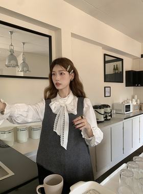 SourceWithU 法式蕾丝精致内搭蝴蝶结小众衬衫女白色高级感上衣