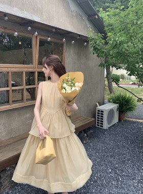 SourceWithU未闻花名 无袖法式气质双层裙温柔通勤韩系长款连衣裙