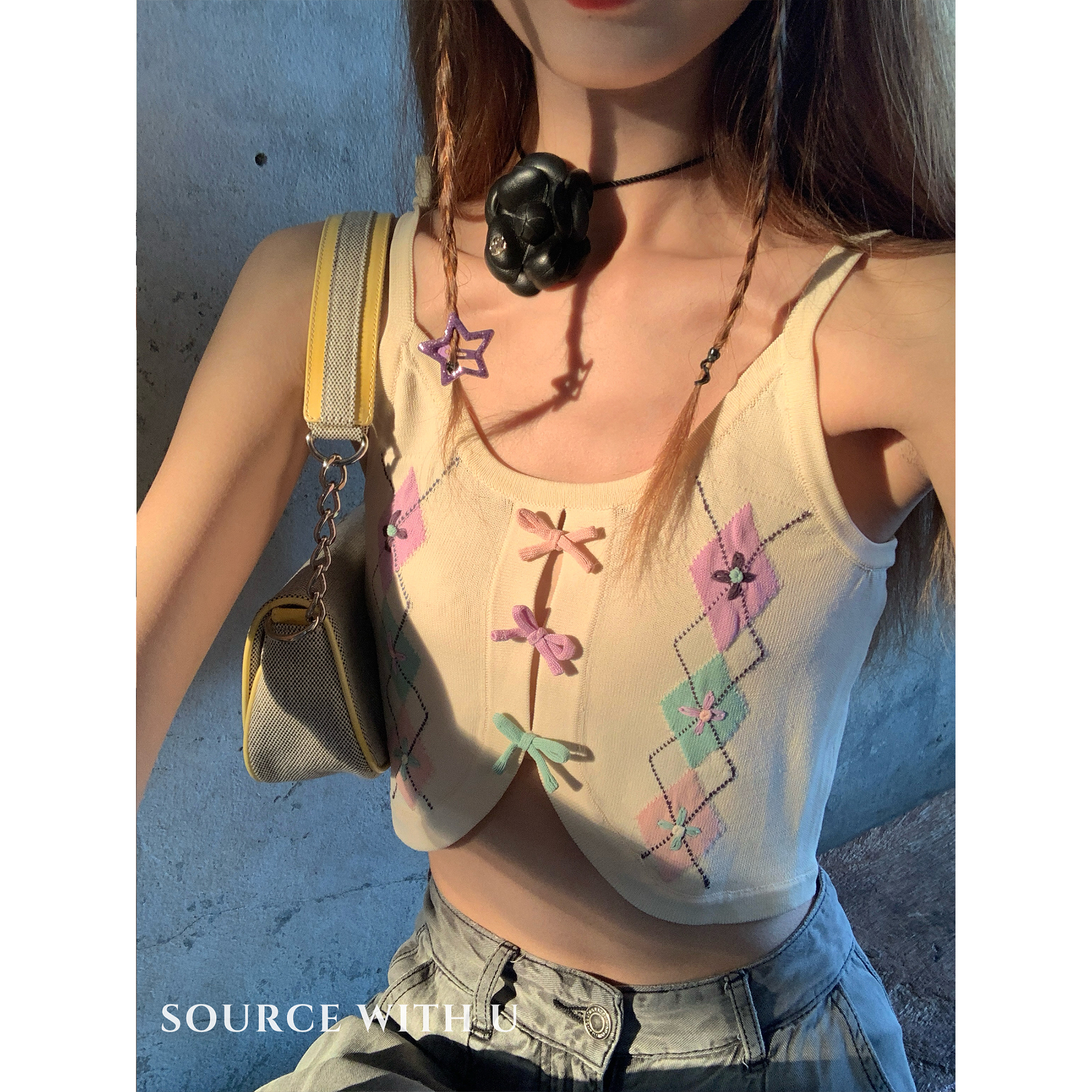 SourceWithU 菠萝姜茶 蝴蝶结甜辣短款小吊带针织坎肩黑色半裙女