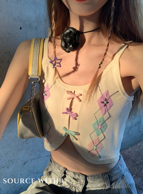 SourceWithU 菠萝姜茶 蝴蝶结甜辣短款小吊带针织坎肩黑色半裙女