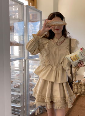 SourceWithYou 复古流苏 燕麦卡其小飞袖衬衫女上衣半身裙套装