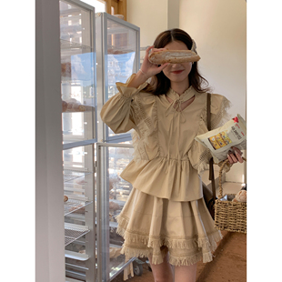SourceWithYou 复古流苏 燕麦卡其小飞袖衬衫女上衣半身裙套装