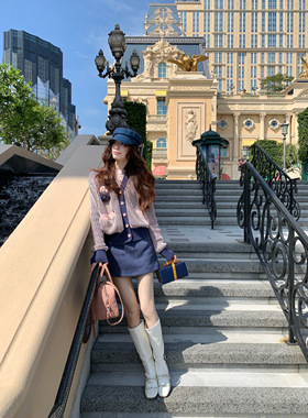 SourceWithU巴黎旧梦 60棉粉蓝高捻棉坑条针织开衫麂皮绒短裙套装