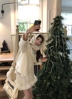 SourceWithU 初雪前夜 20毛亮片毛领单面毛呢外套短款大衣女秋冬