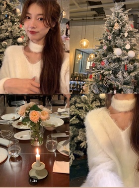 SourceWithU  欧尼の节日雪芭 毛茸围脖白色毛衣裙针织裙连衣裙