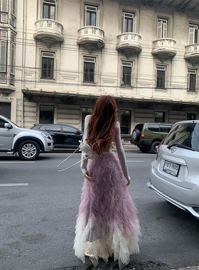 SourceWithU 巴黎旧梦 仙品粉紫渐变重工大摆纱裙长款垂感半身裙