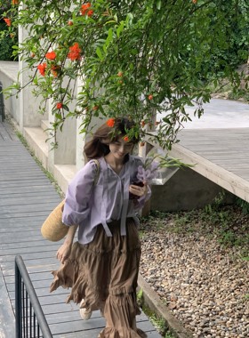 SourceWithU审美的双向奔赴 绝美肩袖系带韩系小众衬衫女紫色上衣