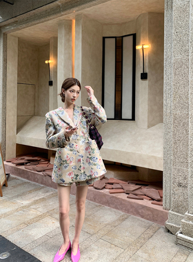 SourceWithU 杉林玫瑰 高级感重工花卉刺绣西装复古高腰微喇短裤