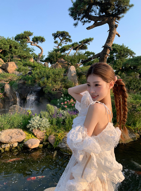 SourceWithU【zim 1.5w】裸肤感假透肉蕾丝重工度假连衣裙吊带裙