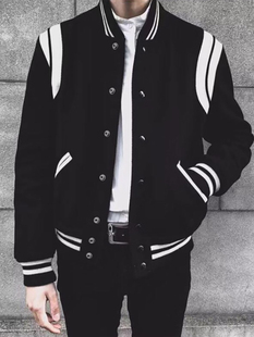 秋冬SLP加厚黑白呢料棒球服 毛呢夹克男女情侣真皮拼接外套明星款