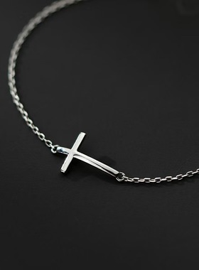 S925纯银银色十字架手链