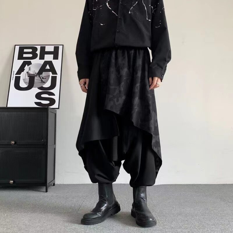 黑武士不规则裙裤男大码山本风哈伦裤设计感小众原创假两件吊裆裤