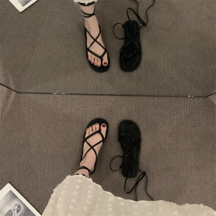 海邊綁帶法式 春夏新款 女款 子 韓版 百搭女鞋 涼拖鞋 平底夾腳羅馬涼鞋