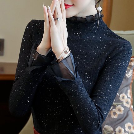 欧货2025早春新款加绒半高领蕾丝打底衫女木耳边上衣黑色洋气内搭