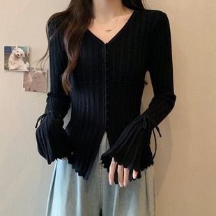 不规则喇叭袖 高级感V领针织衫 微胖mm内搭打底修身 女春季 上衣 大码